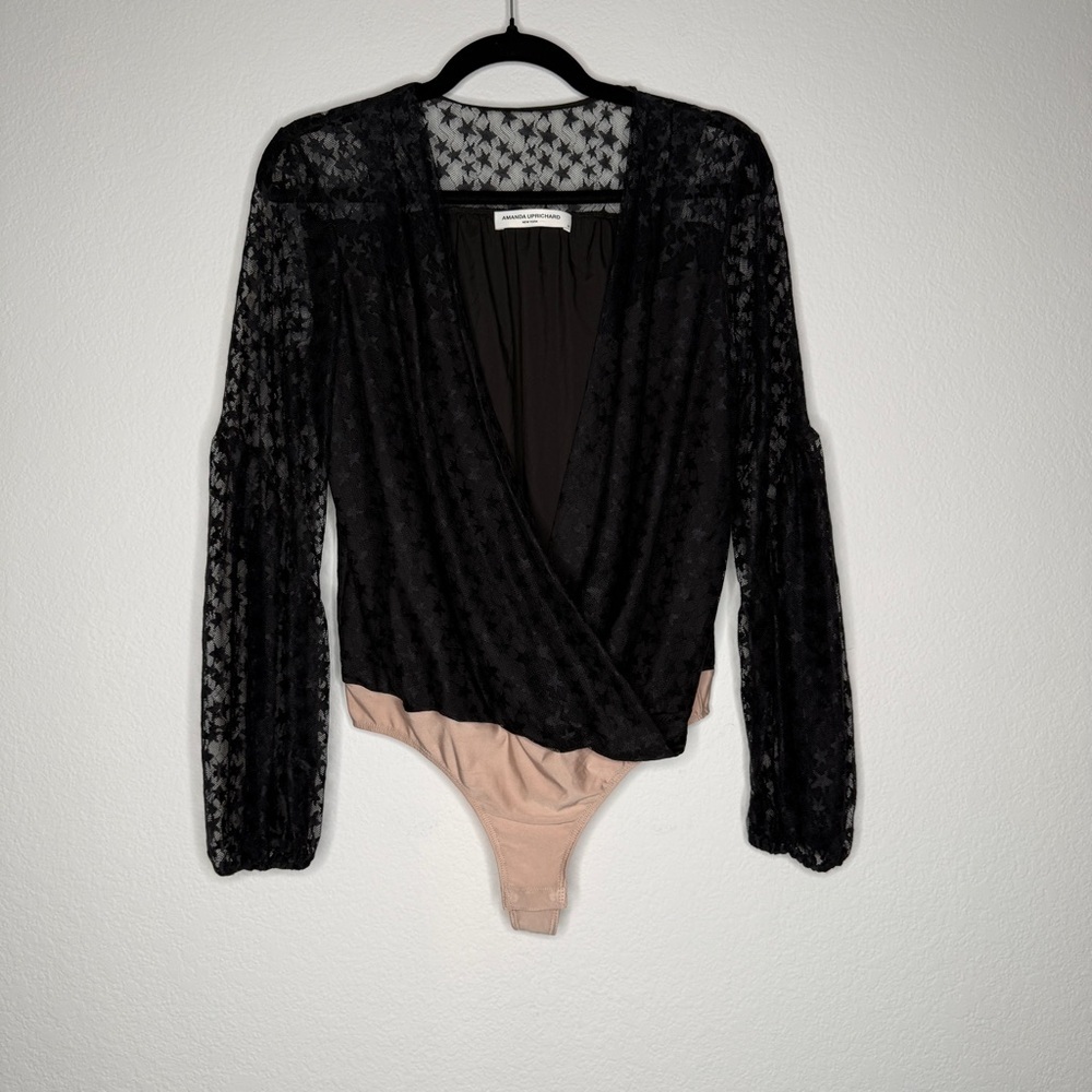 Amanda Uprichard Yuri Star Sheer Balloon Sleeve V Neck Bodysuit Black Size M